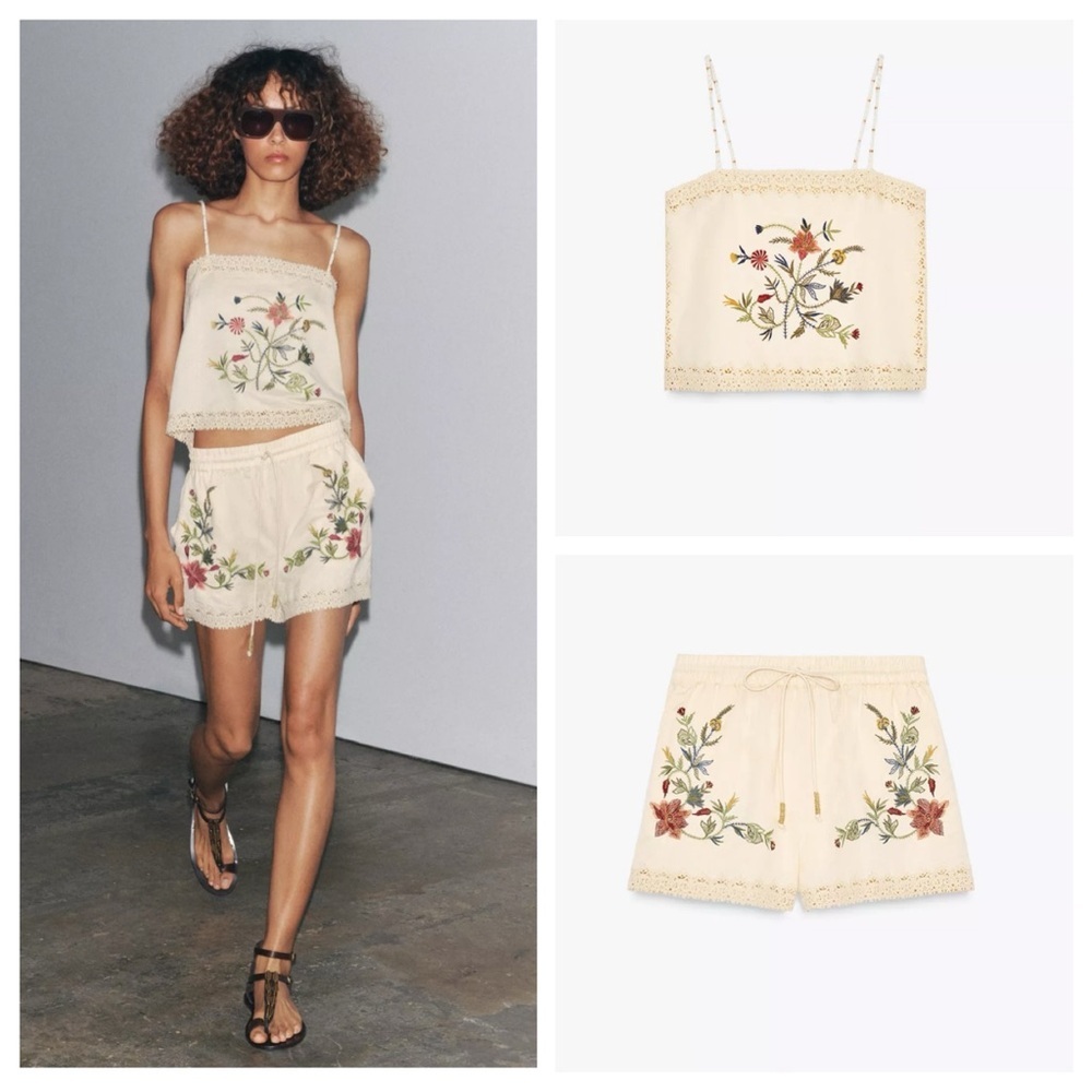 Zara 2 piece set of embroidered top and bermuda shorts set